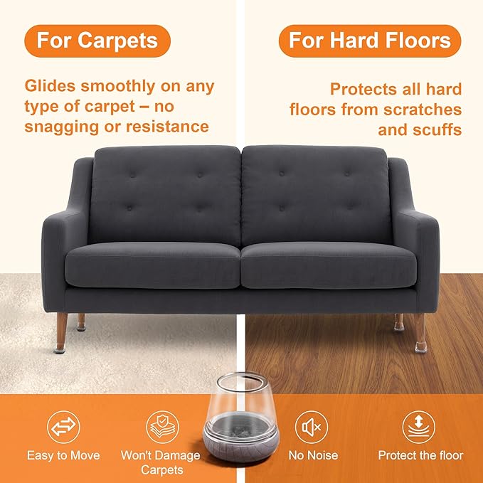 Chair Leg Floor Protectors for Hardwood Floors – Smooth Nylon Base Won’t Trap Cat or Dog Hair, Clear Silicone Caps No Scratch & Silent on Carpet & Tile (16 Pack, Fits 1/2" to 3/4")