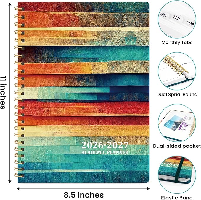 Academic Planner 2026-2027, Weekly and Monthly Calendar Book, July 2026 – June 2027, Hardcover Planner with Tabs, Perfect for Teachers, Students, Women & Men, A4 (8.5" x 11") - Wood