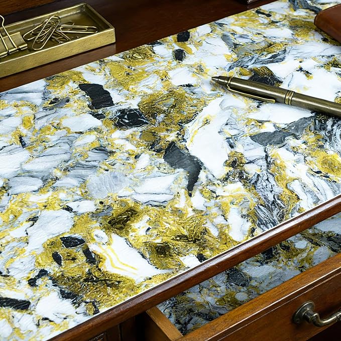 Drawer and Shelf Liner - Yellow Black Marble Pattern,Non Adhesive Non Slip Waterproof Easy-Clean Liner for Kitchen Cabinet, Refrigerator, Bathroom, Pantry Storage Drawers, 17 in x 30 Ft