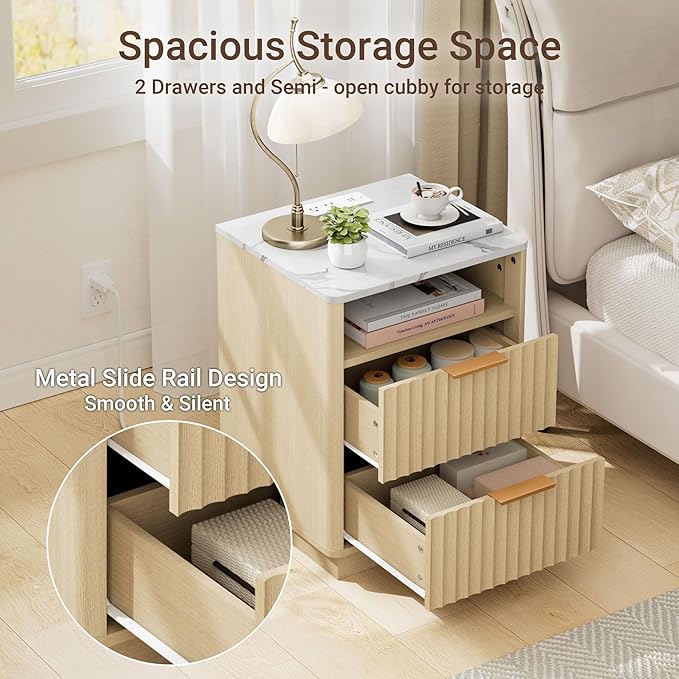 Fluted Nightstand Set of 2 with Charging Station, 18" Modern Night Stand with Faux Marble Top, 2 Drawers End Table with Storage for Bedroom Living Room, Curved Profile Design (Natural Oak)