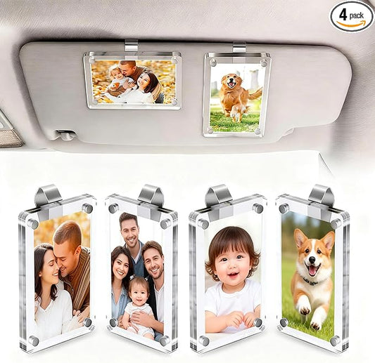 4 Pcs Magnetic Car Picture Holder for Sun Visor – 2.4"x3.5" Clear Acrylic Car Picture Frame, Car Visor Photo Clip for Polaroid Go, Instax Mini & Wallet-Size Photos, Perfect Car Photo Holder as Gifts for Valentine's Day, Christmas & Car Lovers