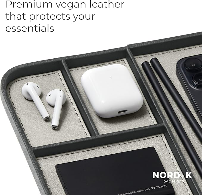Nordik Leather Valet Tray - Sahara Gray - Premium Vegan Leather Stylish and Organised Nightstand Tray for Men - EDC Catchall Tray for Keys, Watch, Wallet, Jewellery - Modern Bedside Caddy