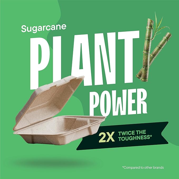 100% Compostable Clamshell Take Out Food Containers [8X8" 50-Pack] Heavy-Duty Quality to go Containers, Natural Disposable Bagasse, Eco-Friendly Biodegradable Made of Sugar Cane Fibers