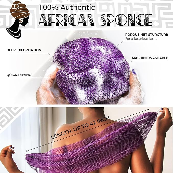 African Net Sponge Authentic - 2 Pieces Exfoliating Body Scrubber Bath Sponge - Back Scrubber Washcloth for Shower White&Purple - Real African Scrub Exfoliator Body Care Bathing Accessorie