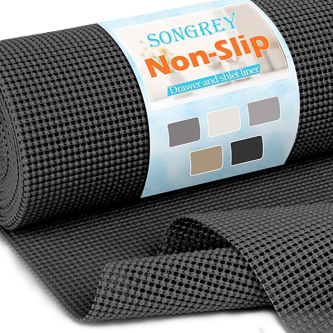 Songrey Non-Adhesive Drawer and Shelf Liner, Non Slip Cabinet Liners, Protect Kitchen Cupboard, Bathroom Drawers, Breathable, Thick Strong Grip mat (17.5IN x 30FT, Black)