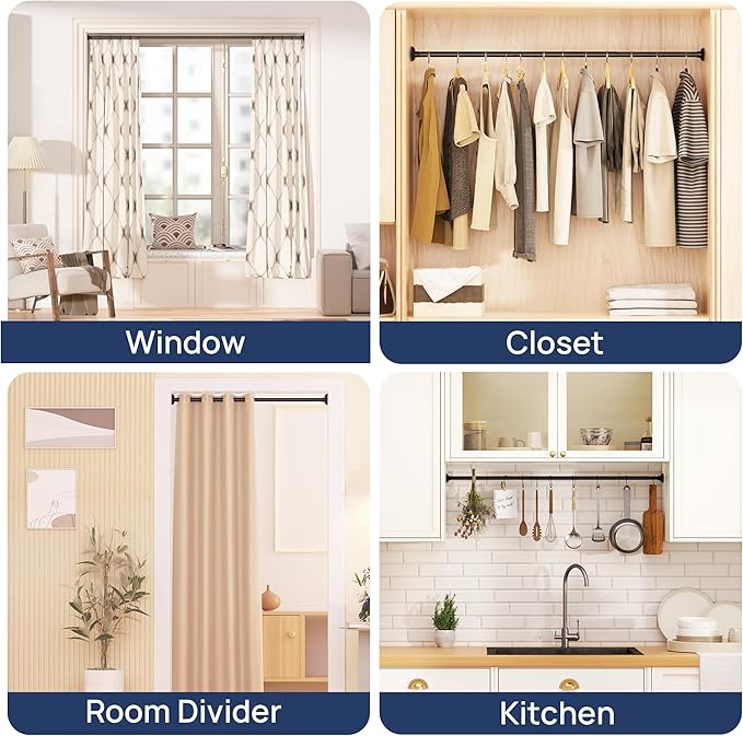 ENJOYBASICS Matte Black Shower Curtain Rod 30 to 76 Inches, 1 Inch Stainless Steel Adjustable Spring Tension Rods No Drill for Bathroom, Closet, Window, Room Divider, Never Rust, Non Slip
