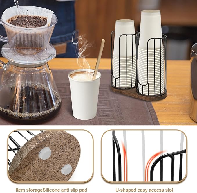 2-Compartment 18oz Coffee Cup Dispenser Rack with Wood Base, Disposable Cup, and Lid Organizer for Countertop - Perfect for Paper Cups and Lid Organizer