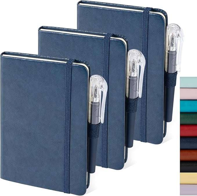 Pocket Notebook Journals, 3 Pack Mini Small Notebooks for Work, Leather Cover Notepad with 3 pens, Elastic Closure, Blue