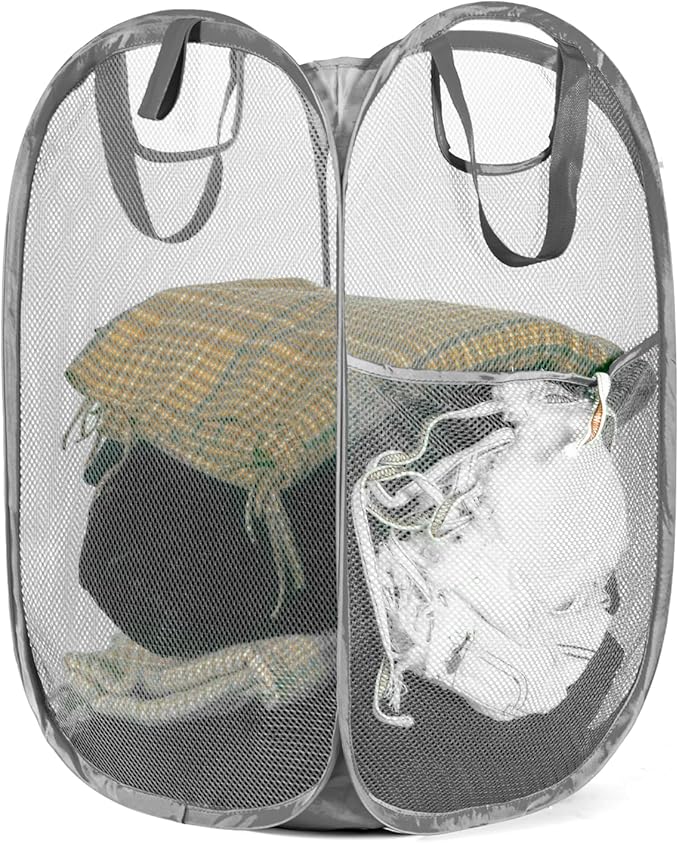 HOUSE AGAIN Mesh Popup Laundry Hamper, [Reinforced] Collapsible Laundry Basket, Foldable Pop Up Hamper with Durable Handles, Easy to Open and Fold for Dorm, Laundry Room, Bedroom, RV, (Grey)