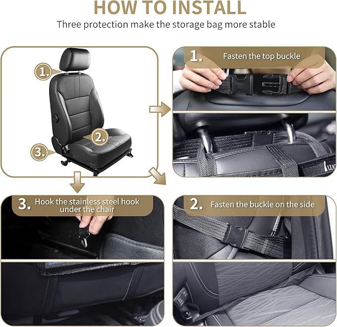 LUCMO Car Backseat Organizer with Tablet Holder, 6 Storage Pockets Car Storage Organizer with Foldable Food Tray, Protectors Kick Mats Travel Accessories - Black