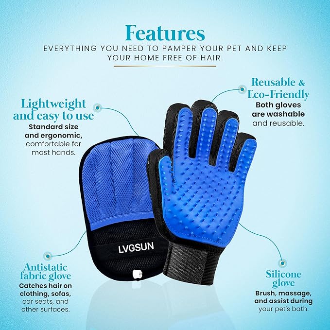 Cat Grooming Gloves for Shedding – Pet Hair Remover Set with Self-Cleaning Mitt – 2 Grooming Gloves + 1 Reusable Pad for Cats & Dogs – Long & Short Hair Deshedding
