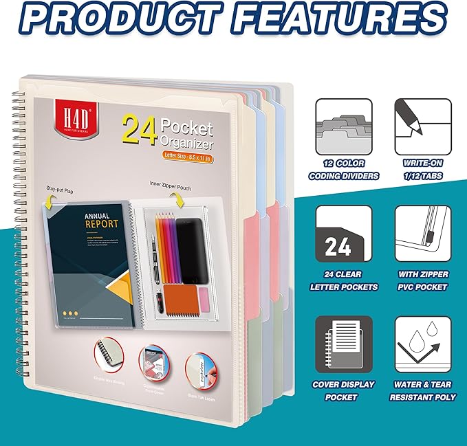 H4D 24 Pocket Morandi Color Spiral Multi Pocket Folder Poly Project Organizer