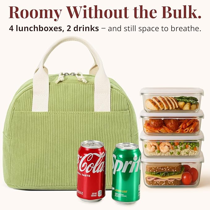 LOVELYWIND Insulated Lunch Bag for Women Men, Stylish Corduroy Tote Bag with Aluminum Lining, Large Capacity Reusable Cooler for Work, Travel, or Beach, Guacamole Green Lunch Box