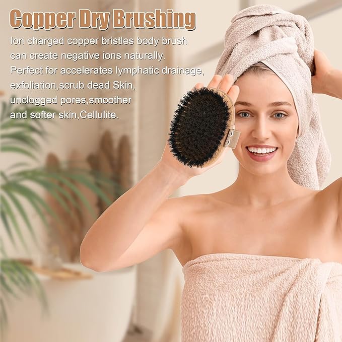 OWIIZI Copper Dry Brushing Body Brush with Ion Charged Copper Soft Bristles Antiskid Wooden Exfoliator Massage Body Scrubber
