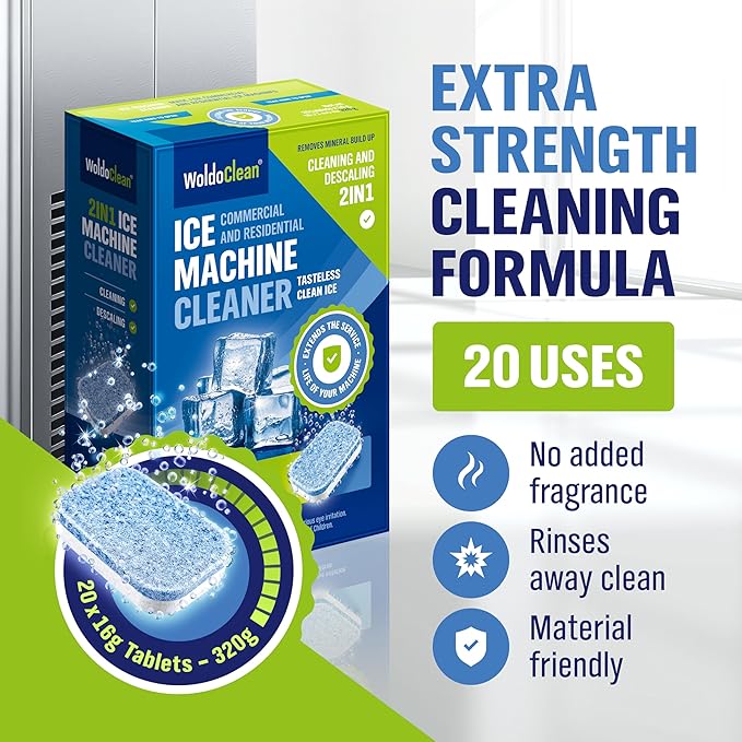 WoldoClean Ice Machine Cleaner Tablets 20 Count - 2in1 Descaler, Extra Strength 16g Dual Action for Countertop, Nugget, Portable and Commercial Makers, Nickel