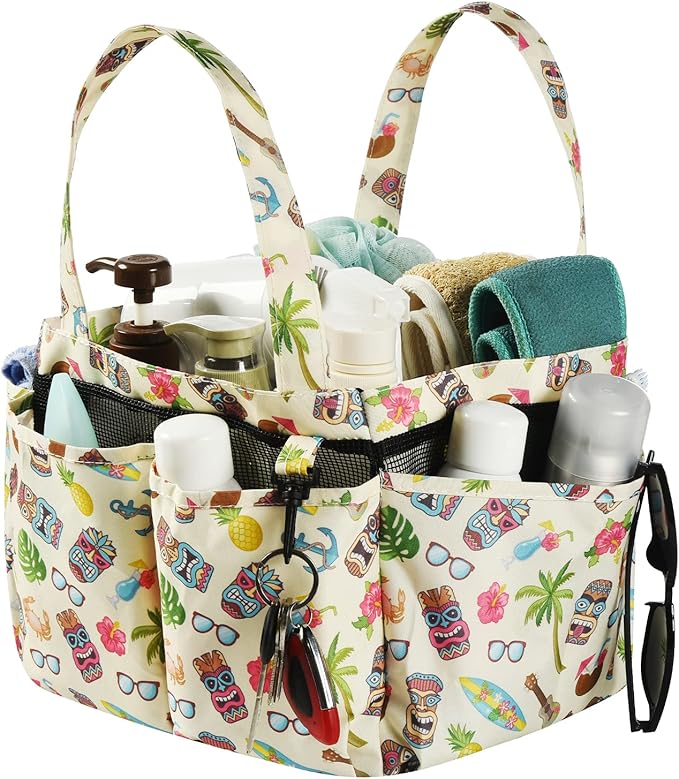 Haundry Portable Mesh Shower Caddy Bag, Large Basket Organizer with Key Hook for College Dorm Bathroom Camp Gym, Hanging Tote Bag with 8 Pockets (Luau Style)