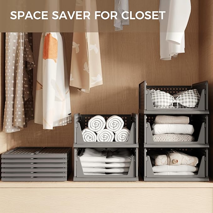 Pinkpum Black 6 Pack Closet Organizers Storage Bins, Stackable Plastic Drawer Basket for Clothing, Stackable Storage Bins Shelf Storage Container for Closet Wardrobe Bedroom Bathroom Office