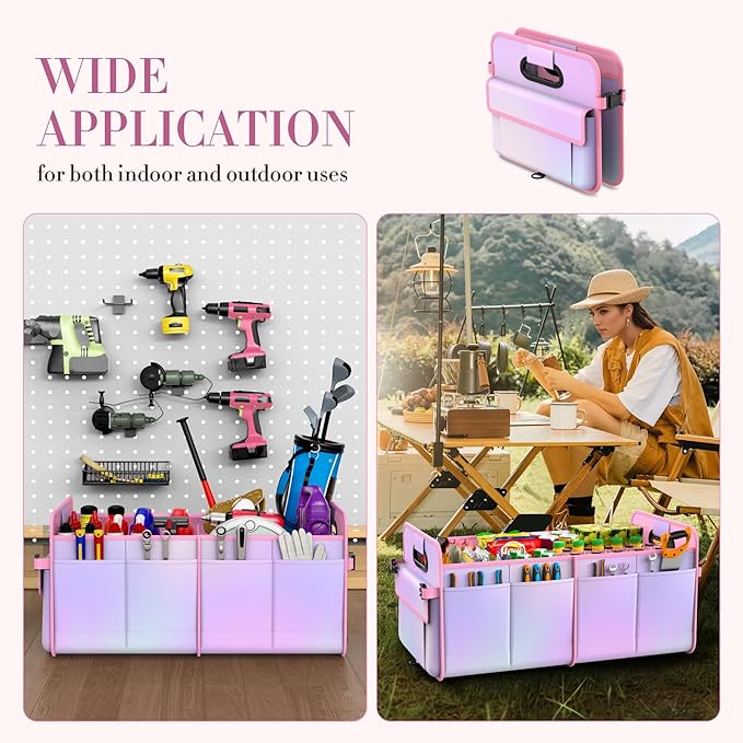 Trunk Organizer for SUV & Sedan, Car Organizers & Storage, Waterproof Collapsible & Adjustable Straps, 70L Sturdy Car Organization for Car Accessories, Tools, Sundries, 2-3 Compartment (Colorful Pink)