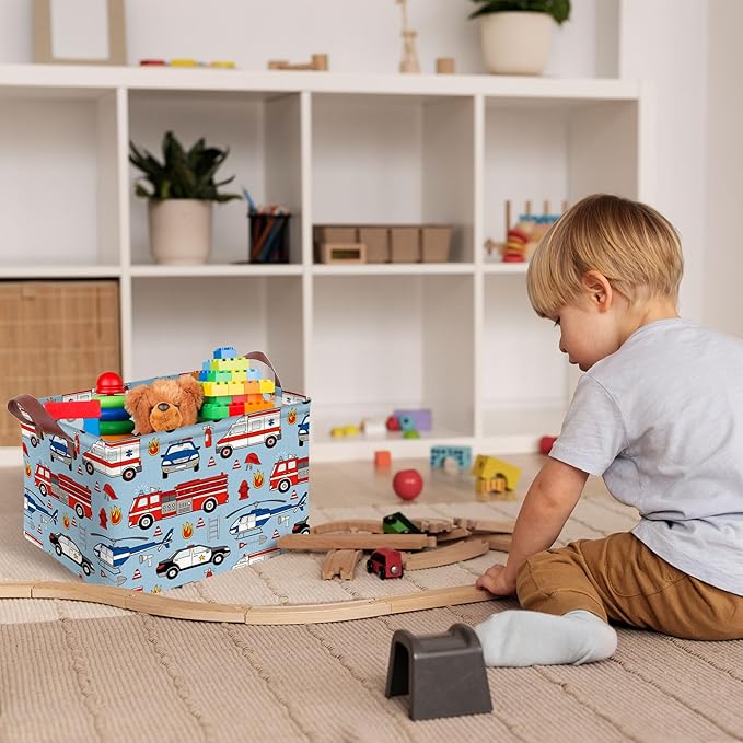 Police Car Storage Basket Waterproof Canvas Toy Storage Bin Fire Truck Car Room Decor Collapsible Outdoor Basket with Leather Handles Funny Decor Blanket Baskets For Closets,Bedrooms,Gifts Baskets
