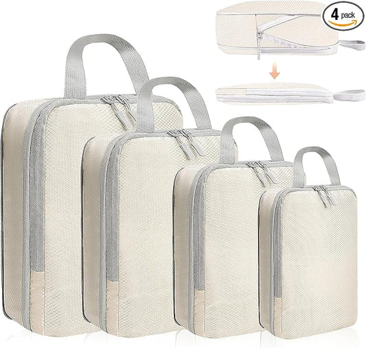 4 Set Compression Packing Cubes for Suitcase - Space-Saving Luggage Organizer Bags, Lightweight Travel Essentials for Efficient Packing (Beige)