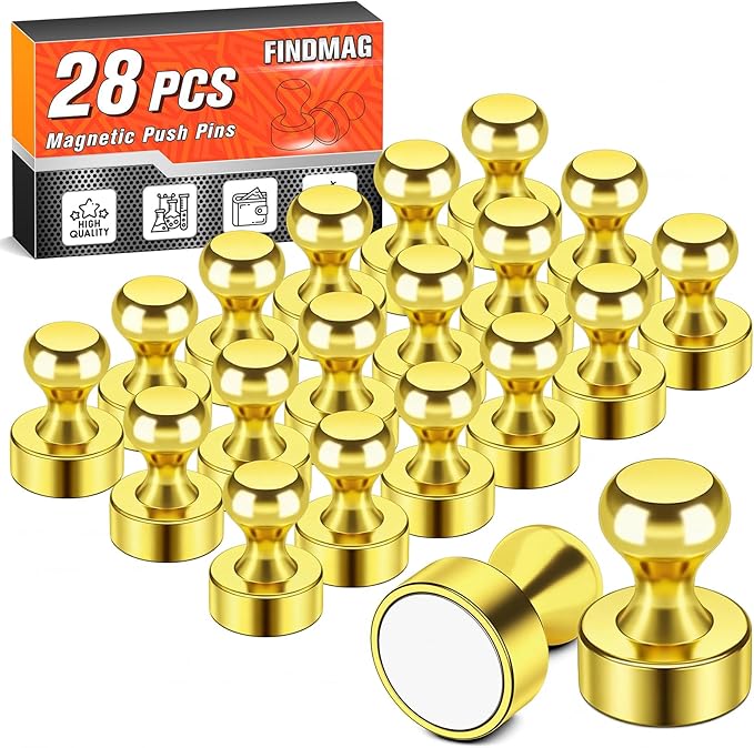 FINDMAG Strong Fridge Magnets, Decorative Small Refrigerator Magnet for Whiteboard, Aesthetic Cute Fridge Magnets, Cool Dry Erase Board Magnet for Office, Kitchen, Classroom, Map, Pack of 28 (Gold)