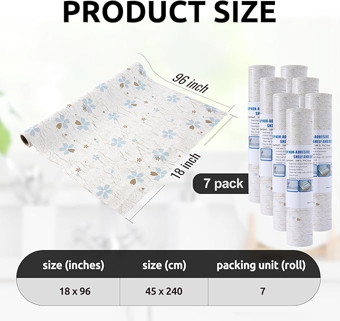 RAY STAR 18X96 Inch Shelf Liner for Kitchen Cabinets, Non-Adhesive Washable PVC Drawer Liner for Dresser Non-Slip Bathroom (Floral)(7 Rolls)