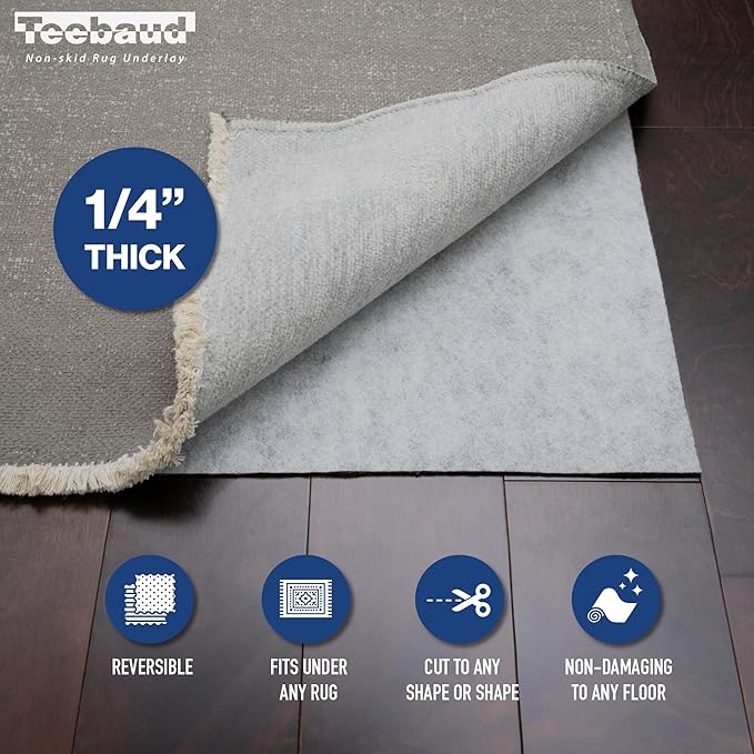 Teebaud 3' x 8' Non-Slip Rug Pad, Reversible Gripper, Non Skid Pads for Hardwood, Vinyl, Tile, Laminate Floors, Keep Area Rugs Secure, Natural Materials Safe for Indoor Flooring, ¼” Thick