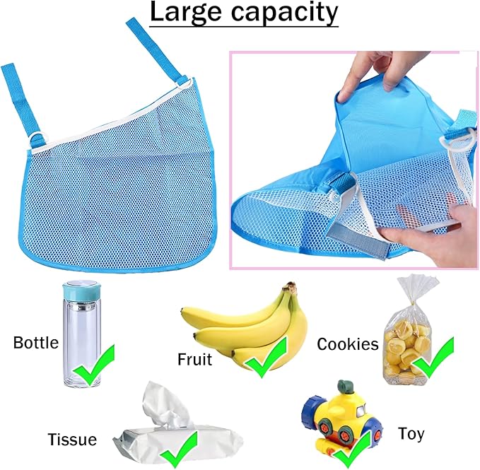 2PCS Universal Side Sling Stroller Cargo Net, Portable Storage Mesh Bag, Stroller Storage Organizer Bag, Non-Slip and Adjustable Straps Side Sling Mesh Organizer (Blue)