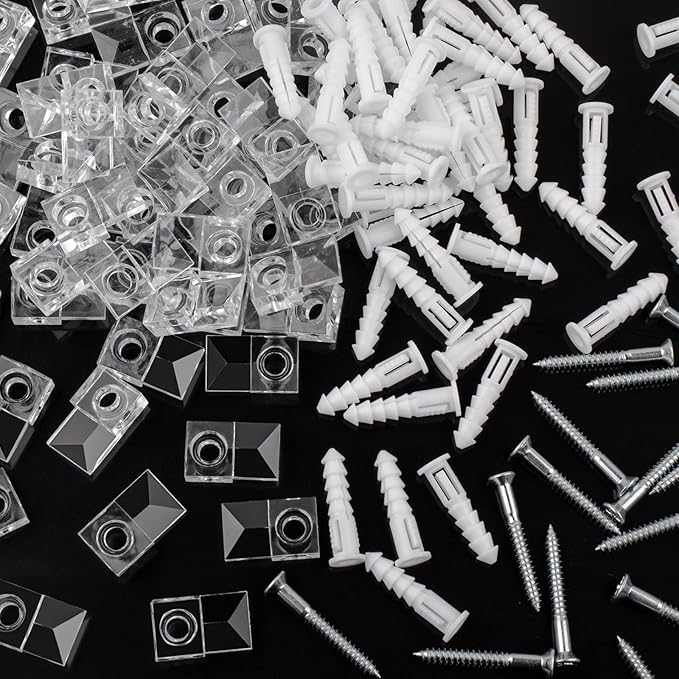 Mirror Holder Clips Kit,Crystal Clear Plastic Mirror Clip,Mirror Holder Clips Glass Retainer Clips Kit,Mirror Hanging kit with Screws and Fixed Mirror Box Door (Classic Style-100Sets)