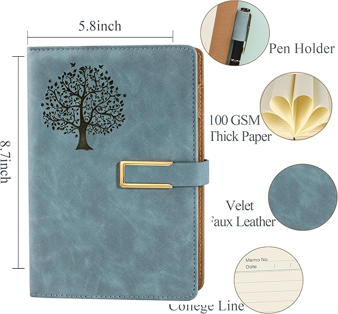 Fanery Sue Tree of Life Refillable Writing Journal for Women&Men Faux Leather Hardcover Notebook A5 College Ruled 200 Lined Pages Lay-Flat Diary with Pen&Magnetic Buckle (Tree of Life-Light Blue)