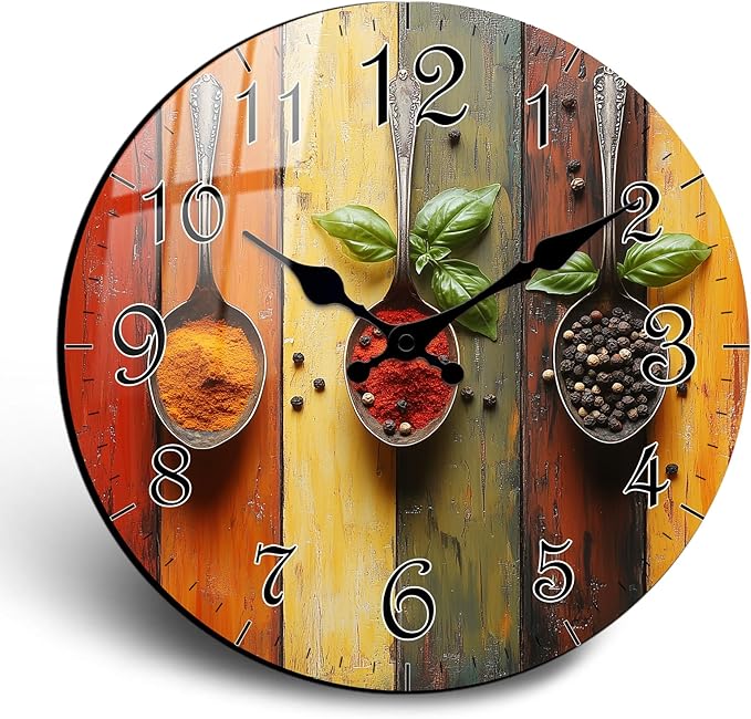 Spice Wall Clock 12 Inch, Vintage Wooden Silent Non Ticking Analog Wall Clock Battery Operated, Decorative Wall Clocks for Bathroom Kitchen Living Room Wall Décor