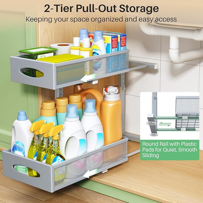 2 Pack Under Sink Organizer, 2 Tier Pull-Out Cabinet Organizer Mesh Baskets with 5 Adjustable Heights, Sliding Drawers Storage Shelf for Home, Kitchen, Bathroom, Pantry, Office, Countertop, Grey