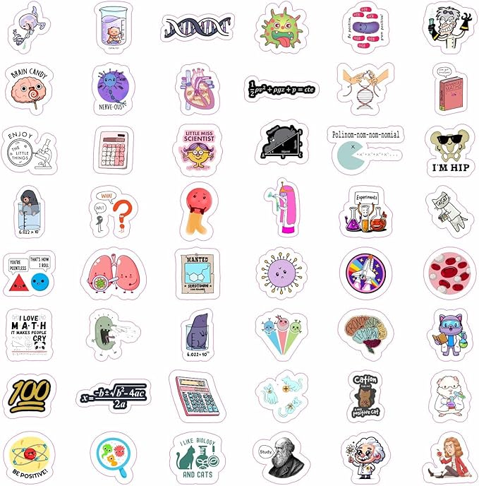 BulbaCraft 100Pcs Science Stickers for Students - Science Class Room Decor, Waterproof Vinyl Decals, Gifts for Women & Men