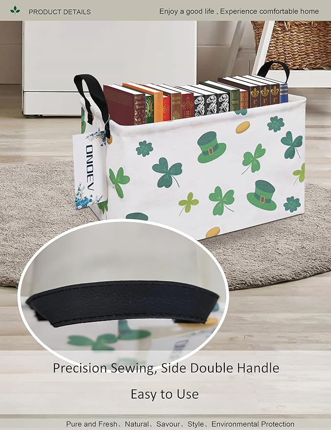 Rectangular Folding Laundry Basket,waterproof Canvas Basket,gift basket,Suitable for children's room,Office,Clothes,Toys Storage(Lucky Clover)