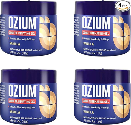 Ozium Odor Eliminating Gel - 4.5oz Air Freshener Alternative for Smoke, Pets, and Musty Odors - Long Lasting Odor Remover for Cars, Homes, Closets and Small Spaces - Vanilla
