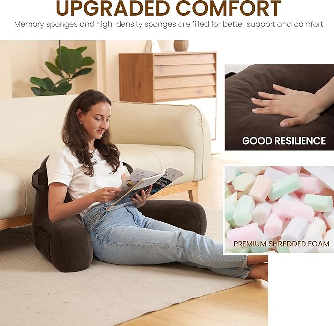 Portable Comfy Reading Pillows for Bed Sitting Up(Brown Oeko-Tex), Velvet Back Pillow with Arms & Pockets for Adults, Support Memory Foam Bed Pillow for Dorm/Reading/Watching/Gaming