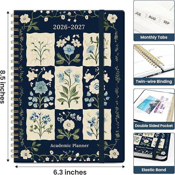 Planner 2026-2027, Academic Monthly and Weekly Calendar Planner for Women, July 2026 - June 2027, Hardcover Pretty Agenda Planner Book with Tabs, Spiral Daily Organizer for School Office Home Supplies, 6.3" x 8.5" - Blue Patchwork