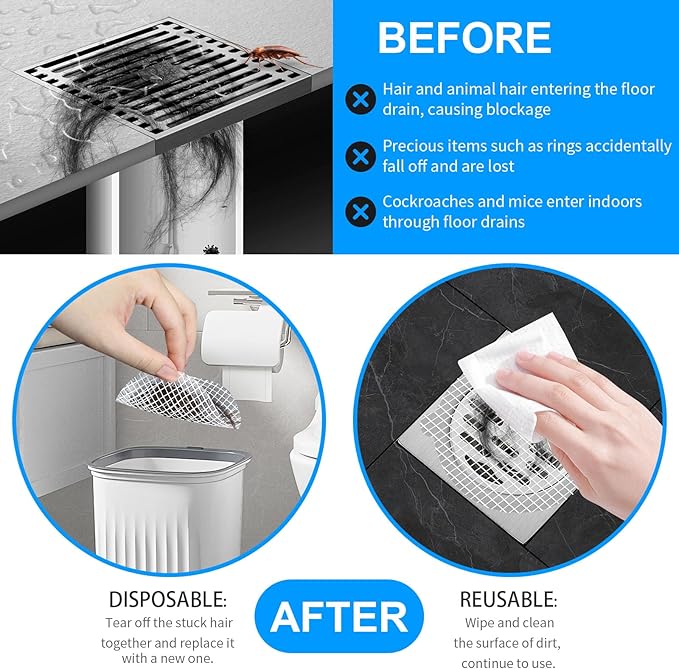 25pcs Disposable Shower Drain Hair Catcher Hair Trap for Shower Drain Mesh Stickers Shower Strainer for Bathroom Tub Kitchen Sink Shower Drain Cover Hair Stopper (White 25)