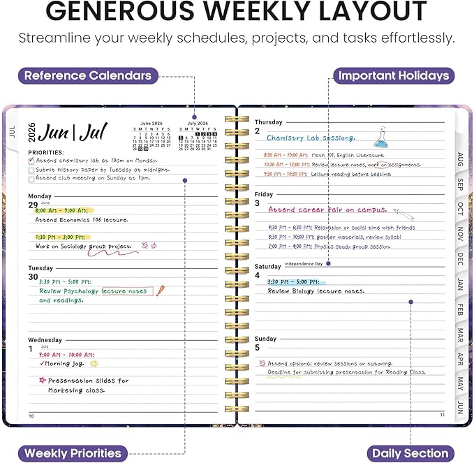 Planner 2026-2027, Academic Year Weekly and Monthly Calender Planner, from Jul 2026 - Jun 2027, Spiral Bound School Planning Book, Perfect for Teacher, Student, Women & Men, A4 (8.5" x 11"), Cosmic Amethyst