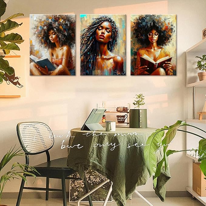 Framed Modern Abstract African American Women Wall Art Set of 3 Painting Canvas Prints,Boho Black Girl with Floral Accents, Inspirational and Trend Poster for Living Room,Bedroom, Office Decor,16X24in