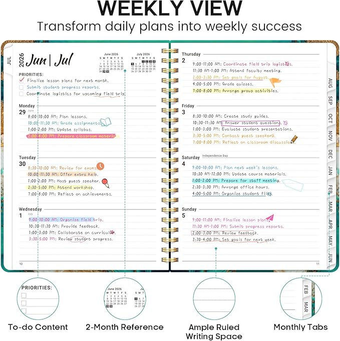 Academic Planner 2026-2027, Weekly and Monthly Calendar Book, July 2026 – June 2027, Hardcover Planner with Tabs, Perfect for Teachers, Students, Women & Men, A5 (6.4" x 8.5") - Ocean