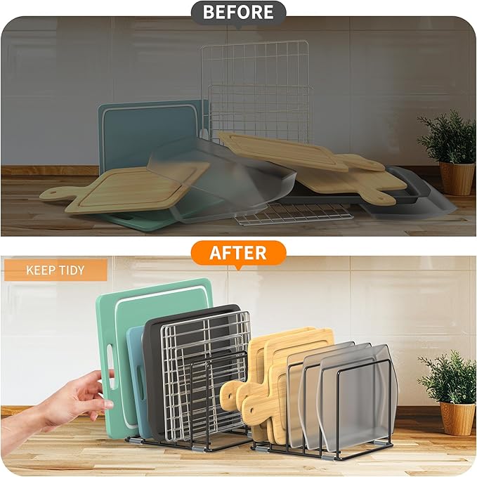 VAEKUCEAN Cutting Board Organizer, [2-Pack] Kitchen Cabinet Organizer, Divided Rack with 5 Slots for Baking Trays, Cutting Boards - Cookie sheet Organizer Inside Cabinet, Baking Sheets Holder (Large)