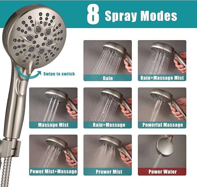GwernKB Handheld Shower Head with on off Switch&Built-in Power Spray,7-Setting High Pressure Shower Wand with 79in Long Hose&Bracket and Extra Adhesive Shower Holder for Lower Mount,Brushed Nickel
