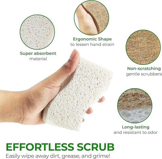 AIRNEX Biodegradable Natural Kitchen Sponge - Compostable Cellulose and Coconut Walnut Scrubber Sponge (12 Pack)