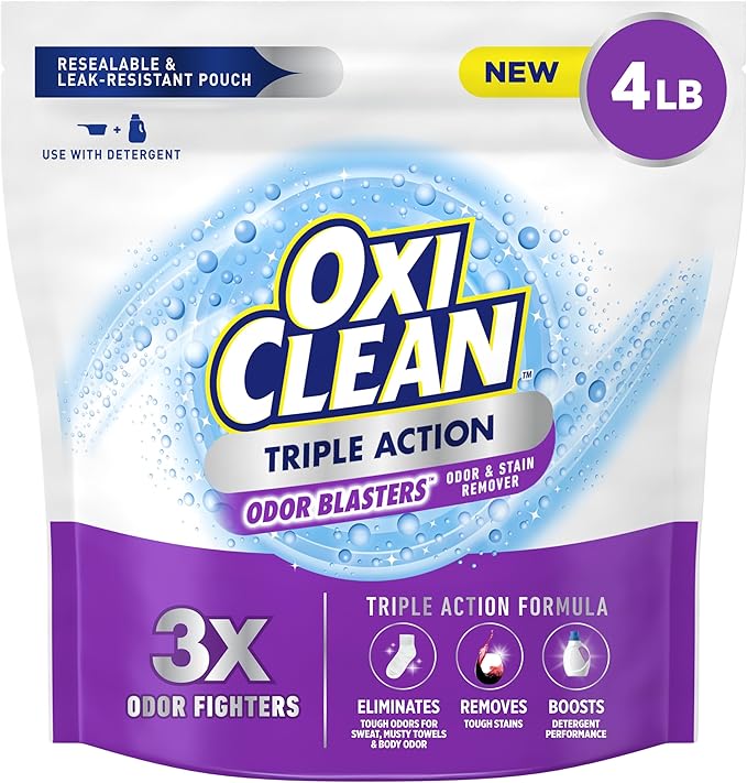 OxiClean Triple Action Odor and Stain Remover Powder, Use with Detergent, Eliminates Tough Odors and Removes Stains, Color Safe and Chlorine Free, 4 lbs