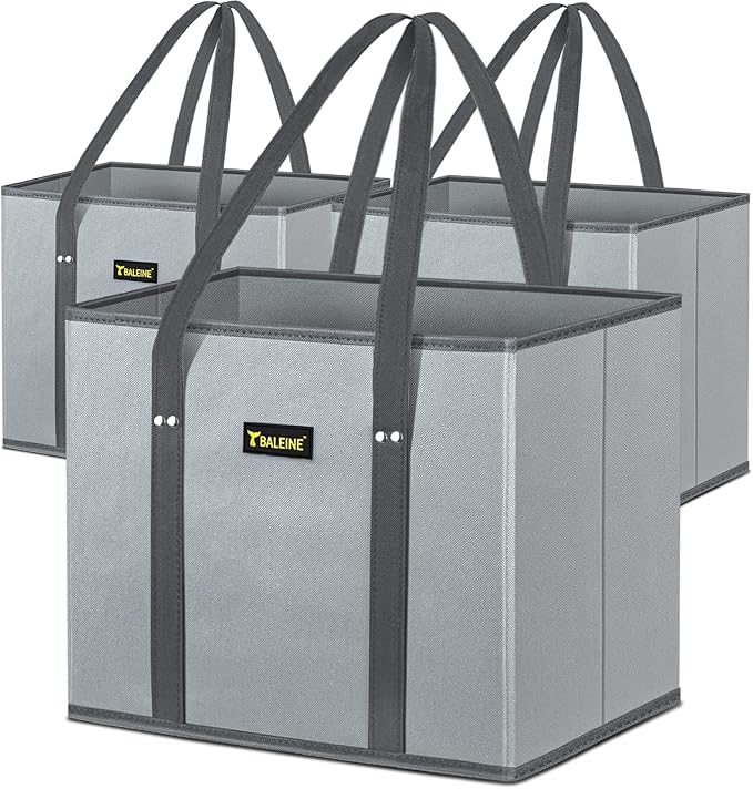 BALEINE 3-Pack Reusable Grocery Bags, Foldable Shopping Bags for Groceries with Reinforced Bottom & Handles (Gray)