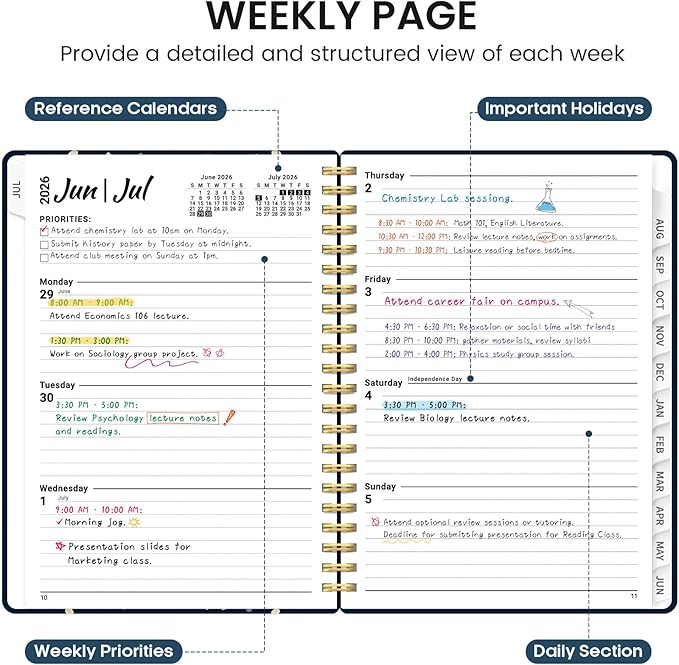 Planner 2026-2027, Academic Monthly and Weekly Calendar Planner for Women, July 2026 - June 2027, Hardcover Pretty Agenda Planner Book with Tabs, Spiral Daily Organizer for School Office Home Supplies, 6.3" x 8.5" - Blue Patchwork