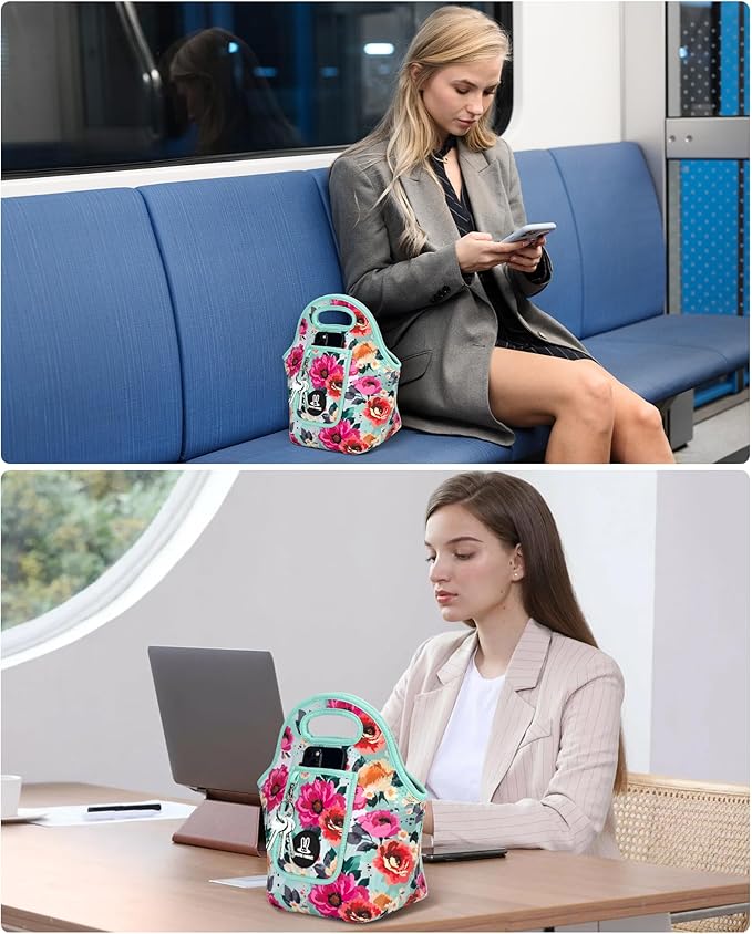 Sports Rabbit Neoprene Insulated Lunch Bag for Women - Front Pocket for Phone&Keys - Reusable, Foldable, Lightweight, Waterproof, Easy to Store & Clean - Ideal for Work,Travel & Picnics(Green flowers)