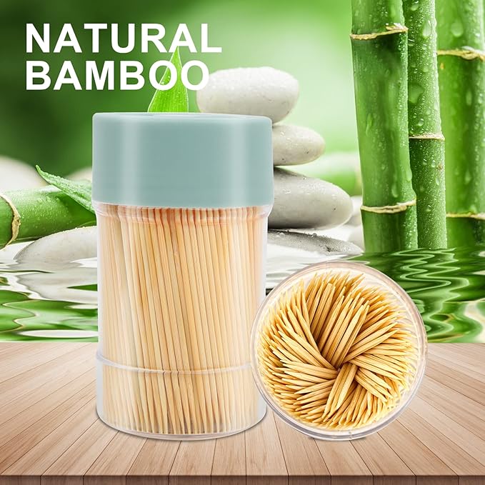 Bamboo Wooden Toothpicks [3000 Count]-With 2-Pack Reusable Toothpick Holder, Sturdy Smooth Finish Tooth Picks, For Appetizer, Olive, Barbecue, Fruit, Teeth Cleaning Toothpicks, Green.