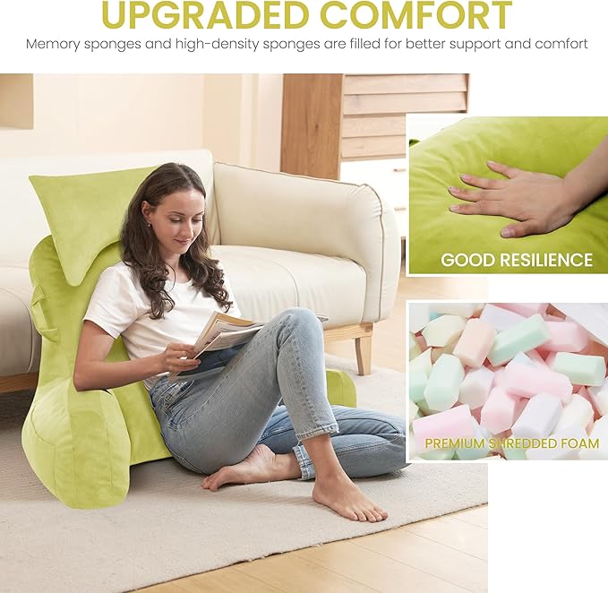 Portable Reading Pillows with Headrest for Bed Sitting Up(Yellow Oeko-Tex), Velvet Back Pillow with Arms & Pockets for Adults, Support Memory Foam Bed Pillow for Dorm/Reading/Watching/Gaming